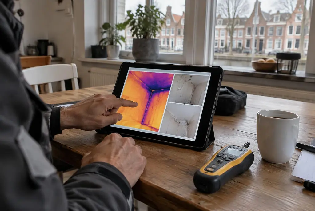 Lekdetectie Ommen – lekdetectierapport met warmtebeelden en foto's op een tablet