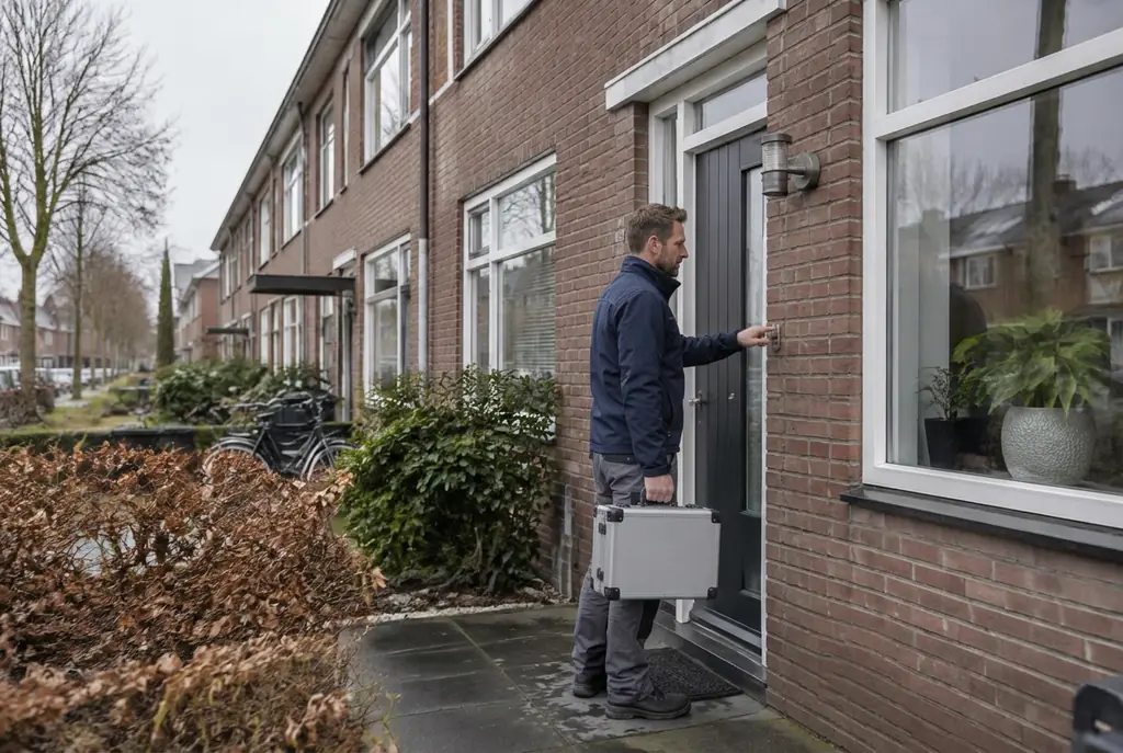 Lekdetectiespecialist met meetkoffer bij de voordeur van een woning in Ommen